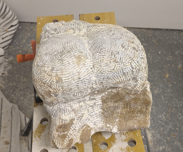 an abstract sculpture made from alabaster. it resembles a heart and a butt